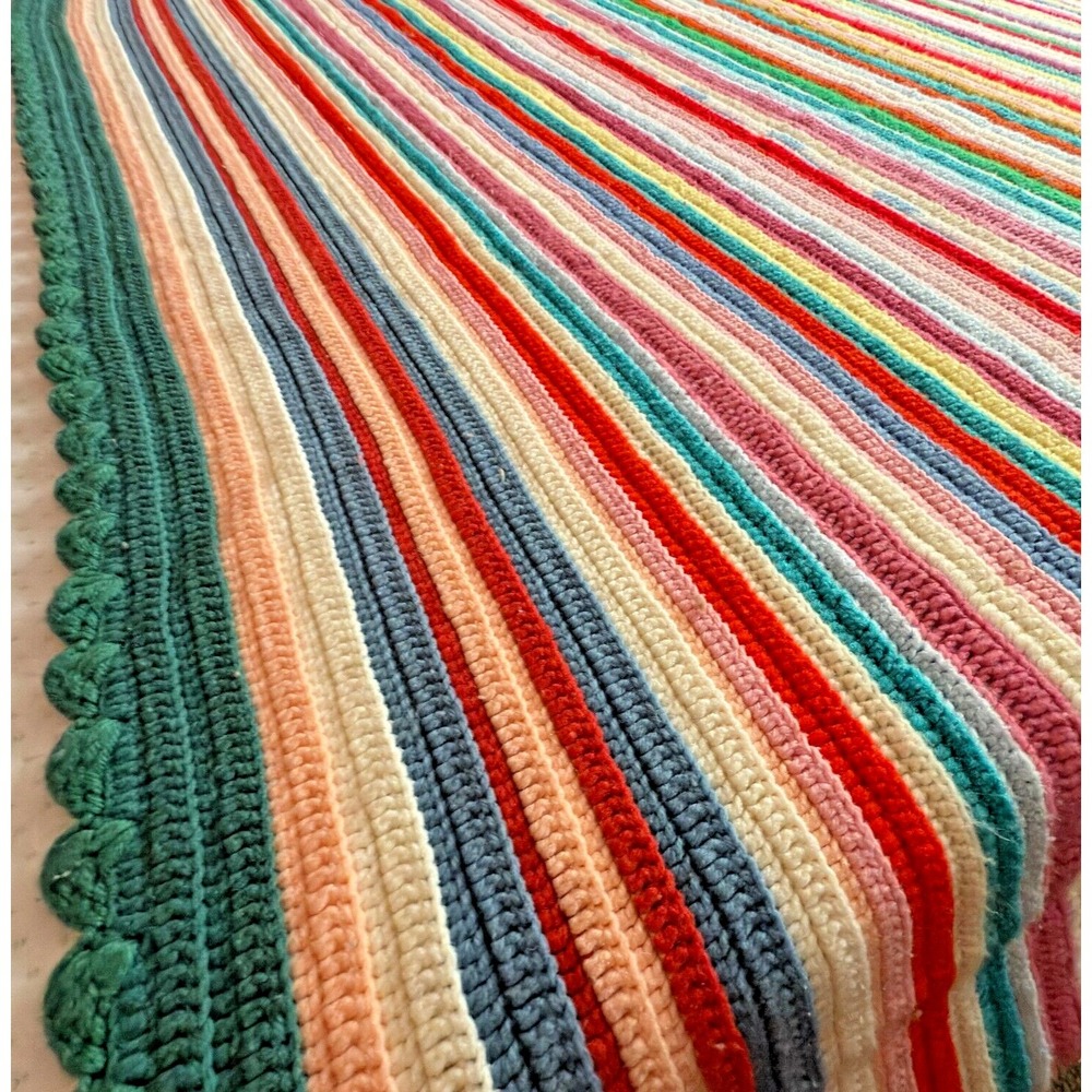 Vintage Handmade Crochet Striped‎ Blanket 67" x 84" Multicolor with Green Trim